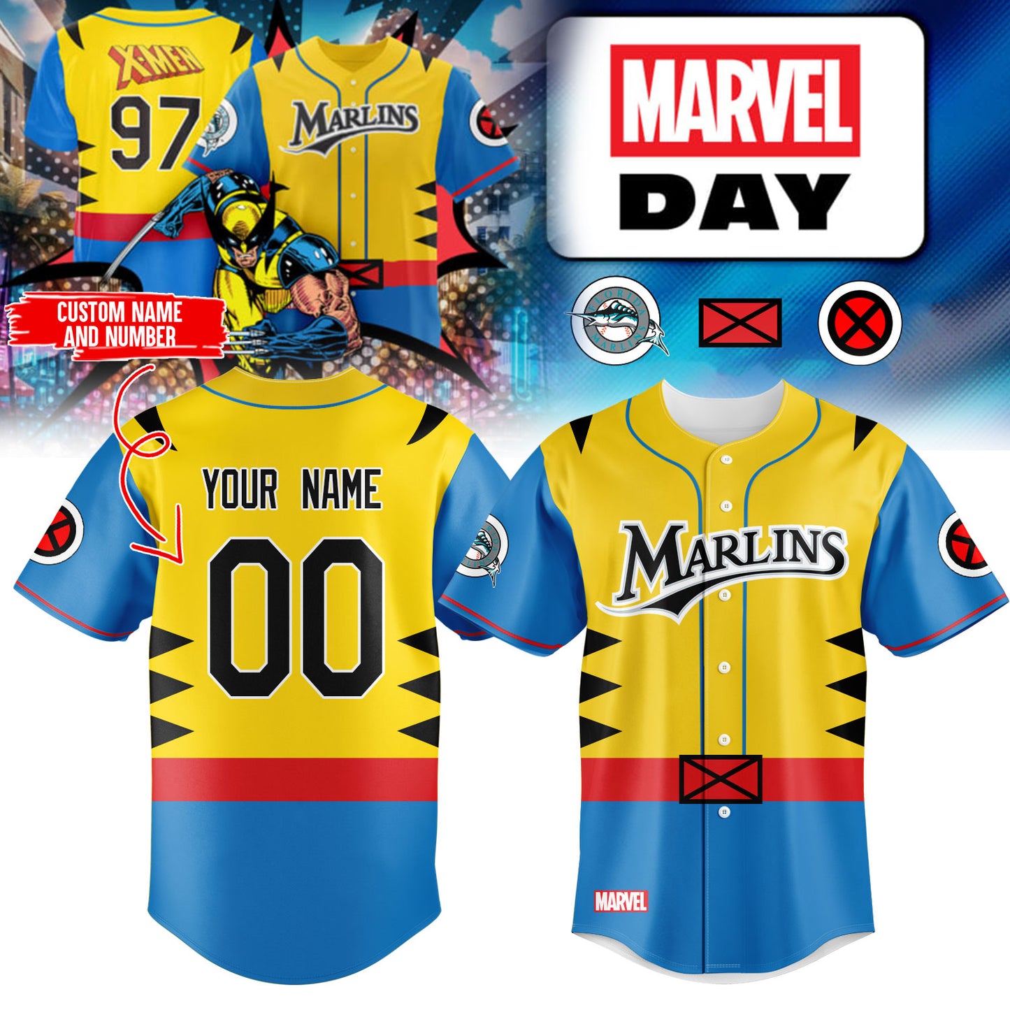 _ Miami Marlins Marvel Day Jersey 2025 (Custom Name, Number )