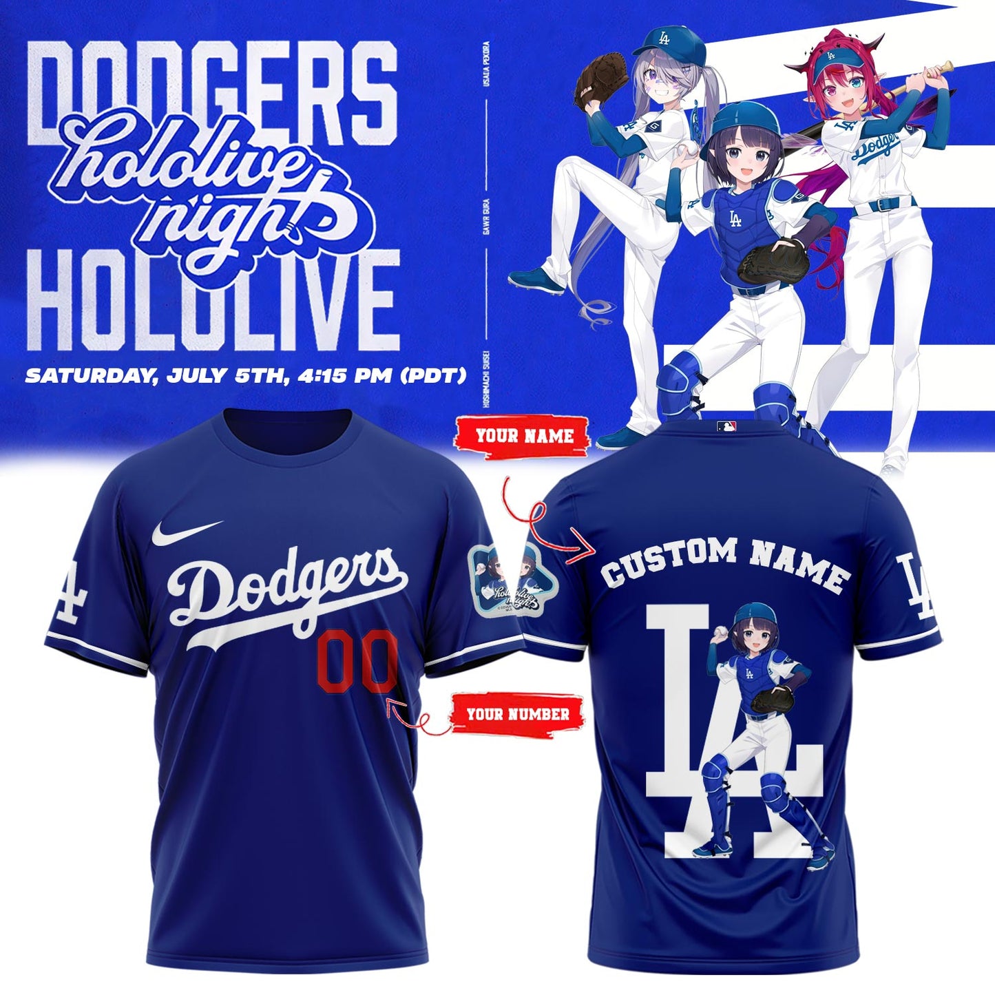 Los Angeles Dodgers Baseball T-Shirt - Hololive Night Ina’nis Shirts 2025 Custom Name and Number