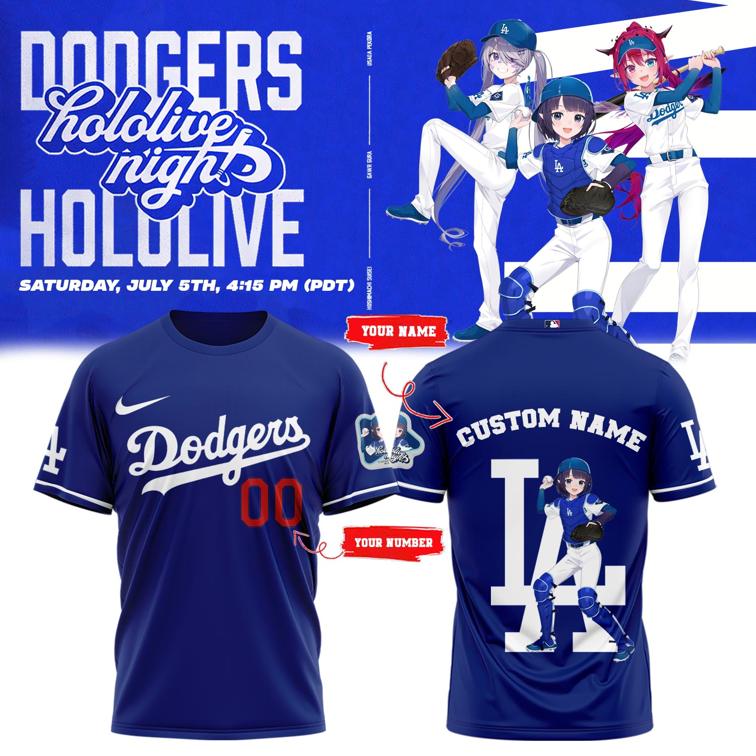 Los Angeles Dodgers Baseball T-Shirt - Hololive Night Ina’nis Shirts 2025 Custom Name and Number