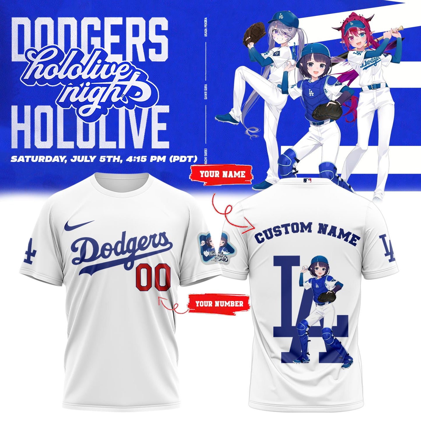 Los Angeles Dodgers Baseball T-Shirt - Hololive Night Ina’nis Shirts 2025 Custom Name and Number