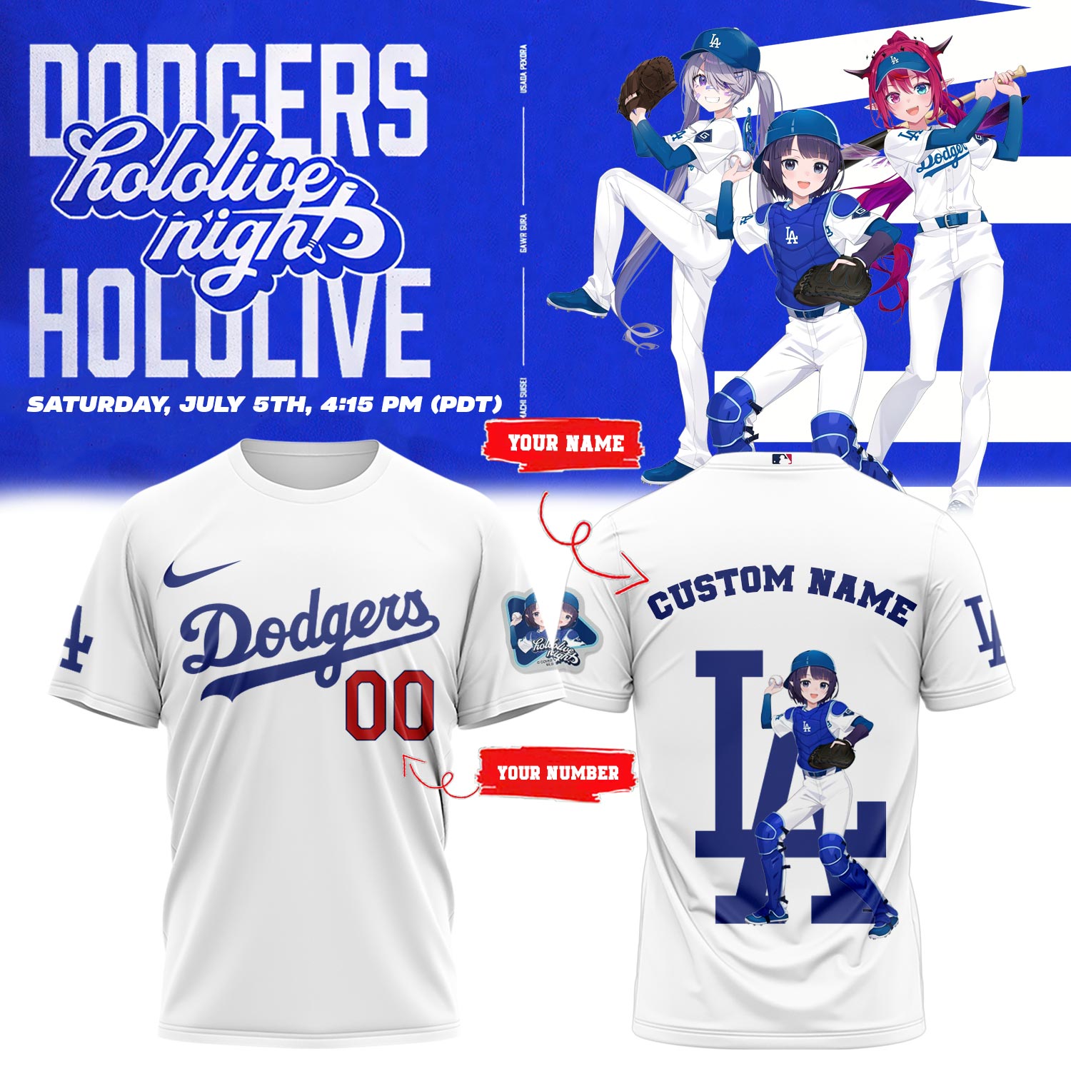 Los Angeles Dodgers Baseball T-Shirt - Hololive Night Ina’nis Shirts 2025 Custom Name and Number