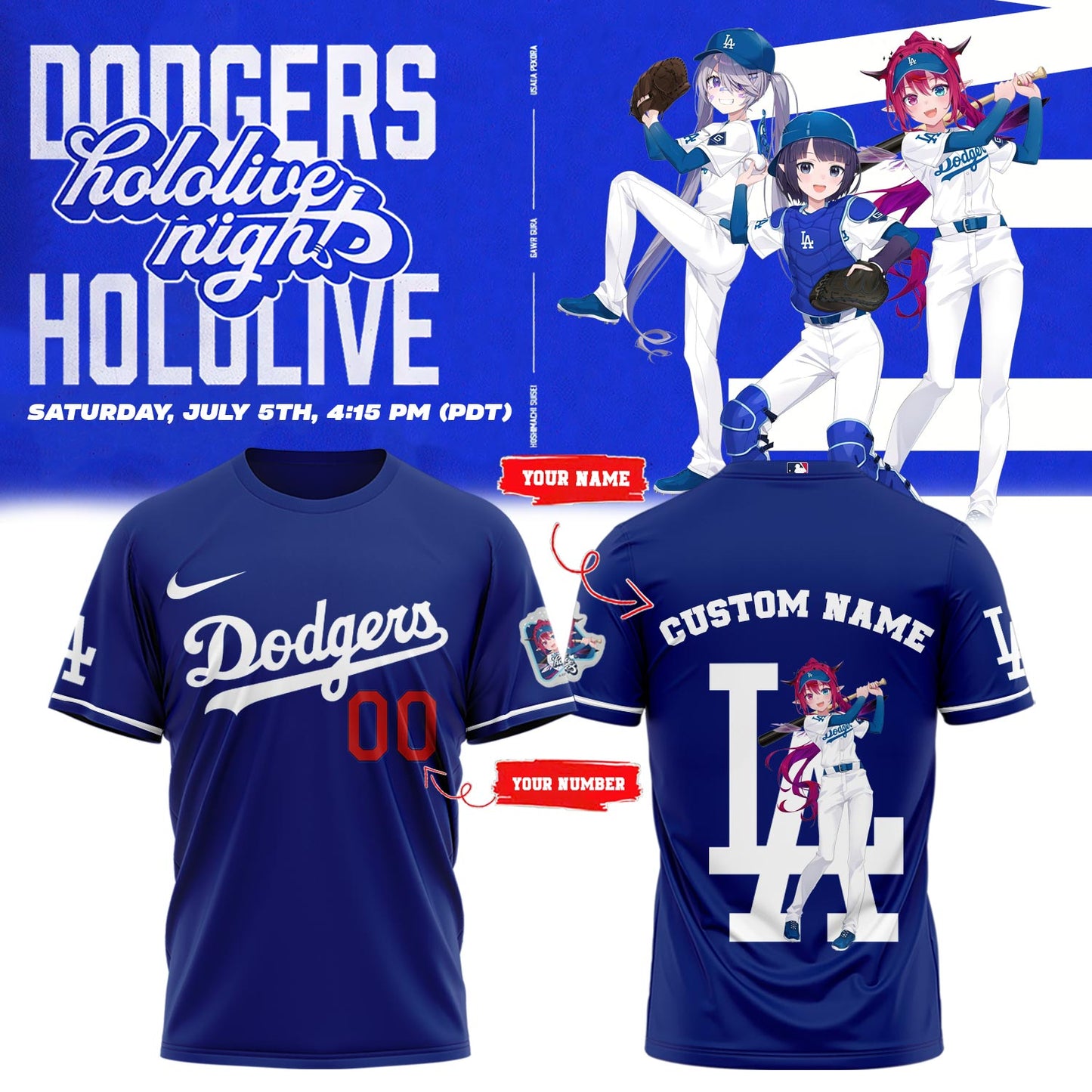 Los Angeles Dodgers Baseball T-Shirt - Hololive Night IRyS Shirts 2025 Custom Name and Number