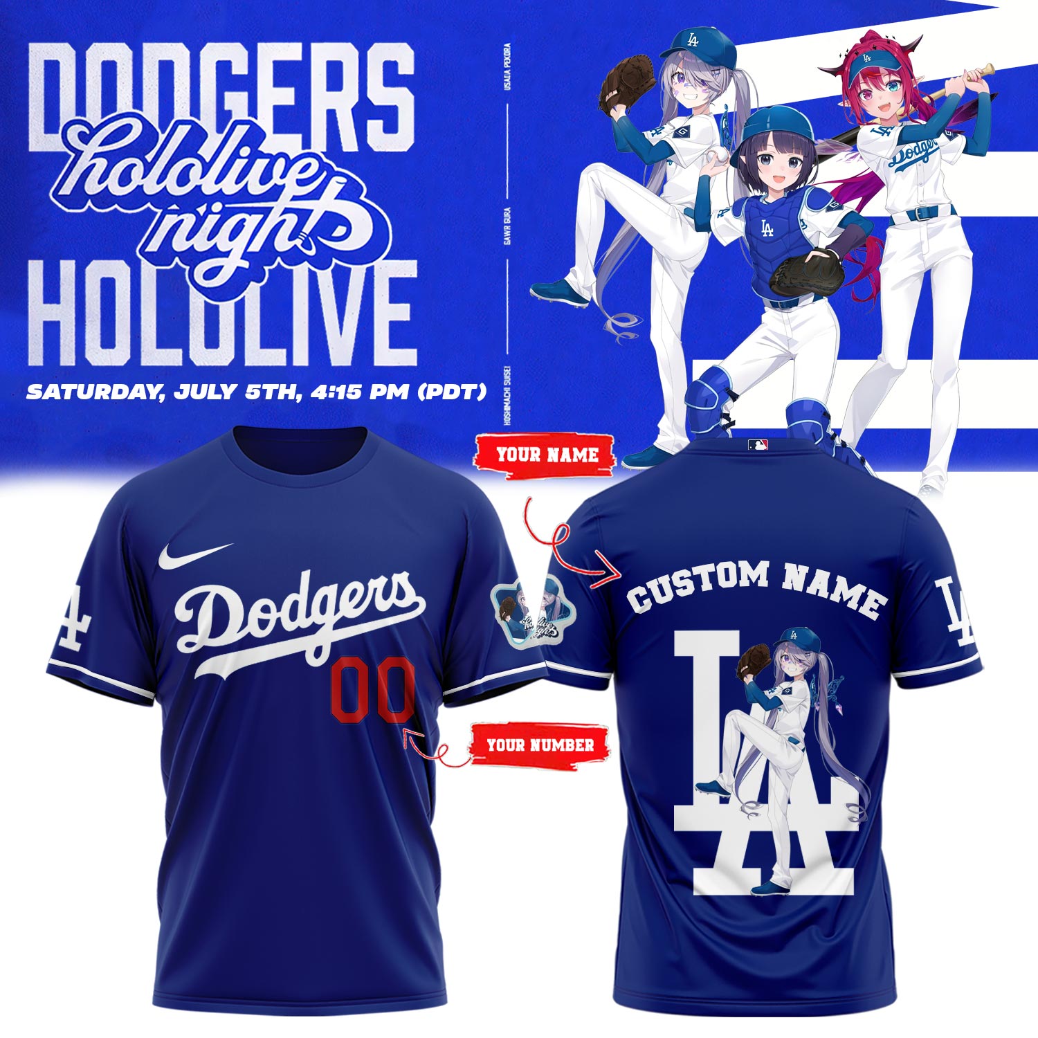 Los Angeles Dodgers Baseball T-Shirt - Hololive Night Biboo Shirts 2025 Custom Name and Number