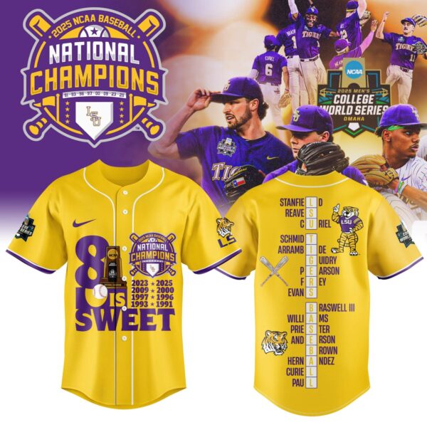 2. LSU NCAA Men’s College Baseball World Series 2025 Champions Jersey Limited Editions Yellow
