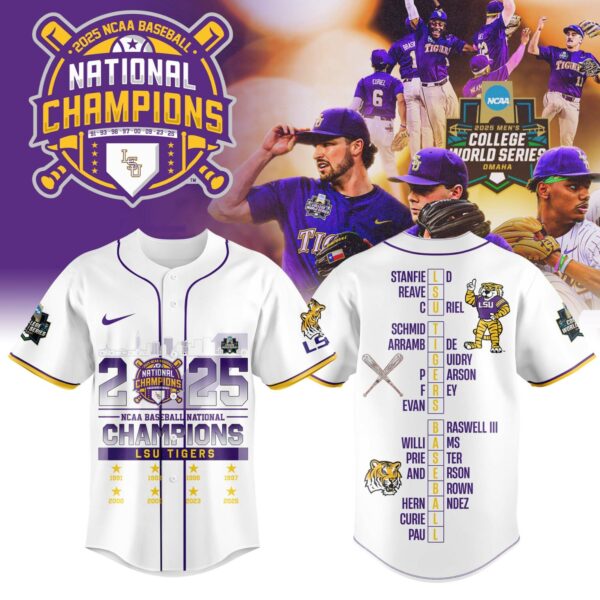 1. LSU NCAA Men’s College Baseball World Series 2025 Champions Jersey Limited Editions White