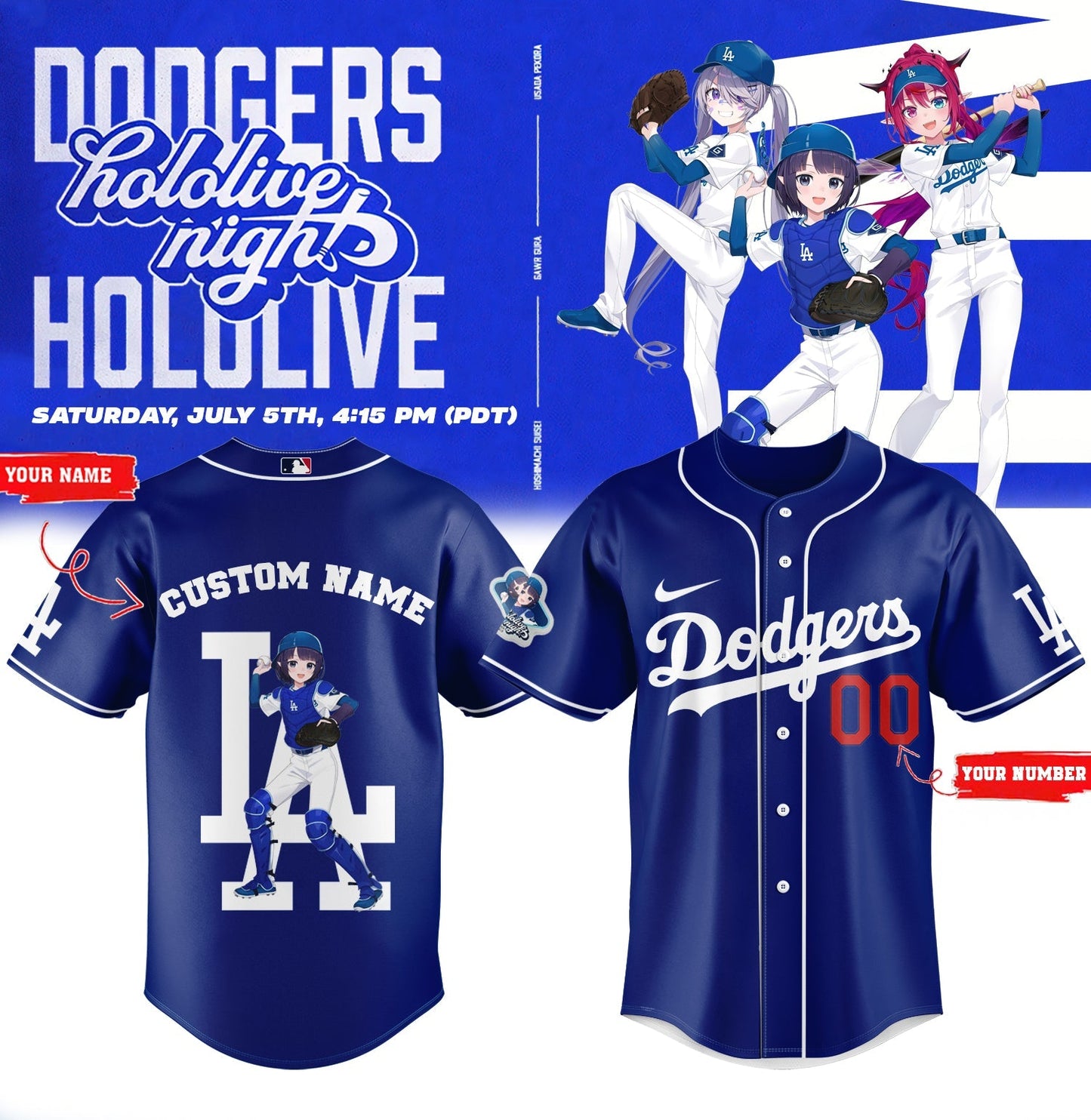 Los Angeles Dodgers Baseball Jersey - Hololive Night Ina’nis Jersey 2025 Custom Name and Number