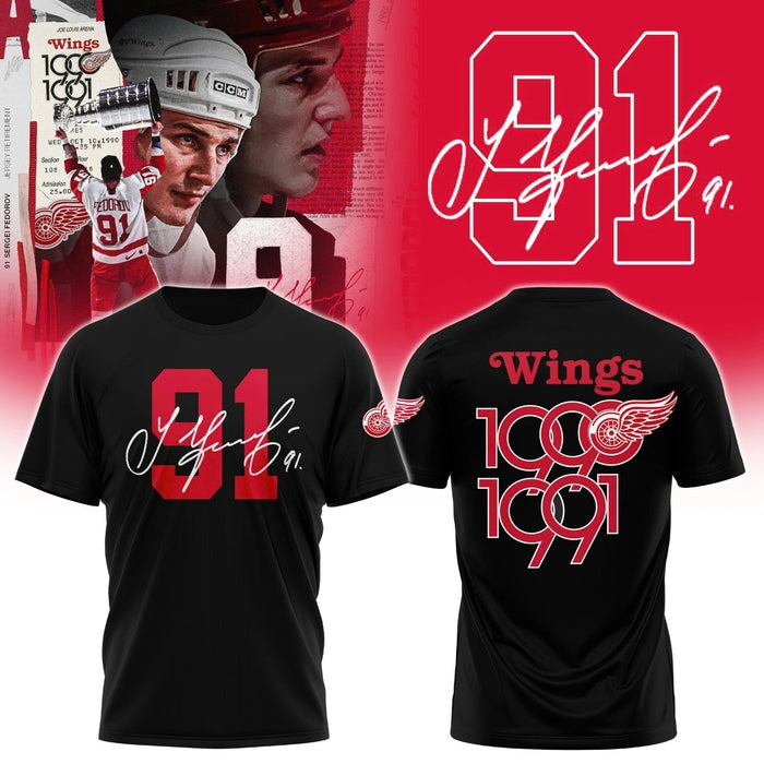 Detroit Red Wings 91 Sergei Fedorov Tshirt-Black