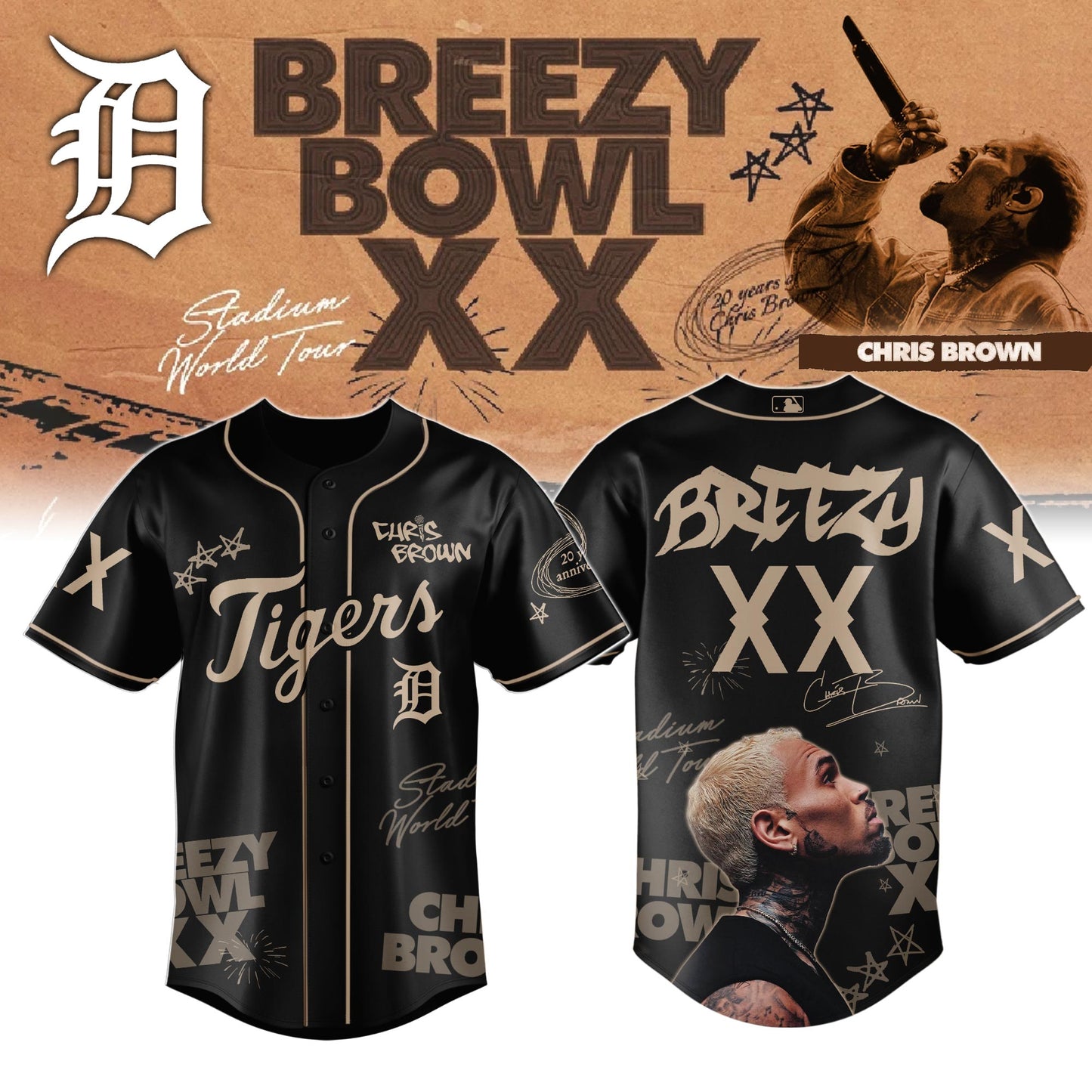 Detroit Tigers x Chris Brown Breezy Bowl XX World Tour 2025 Jersey Editions Limited