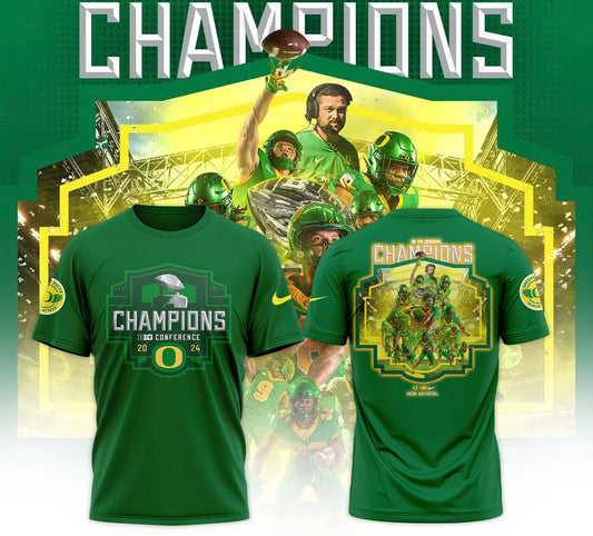 Men's Green Oregon Ducks 2024 Big Ten Football Conference Champions Undefeated Schedule T-Shirt