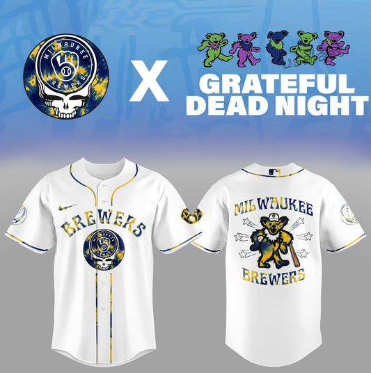 Limited Edition Brewers Baseball Grateful Dead Night White Jersey-PA070725015