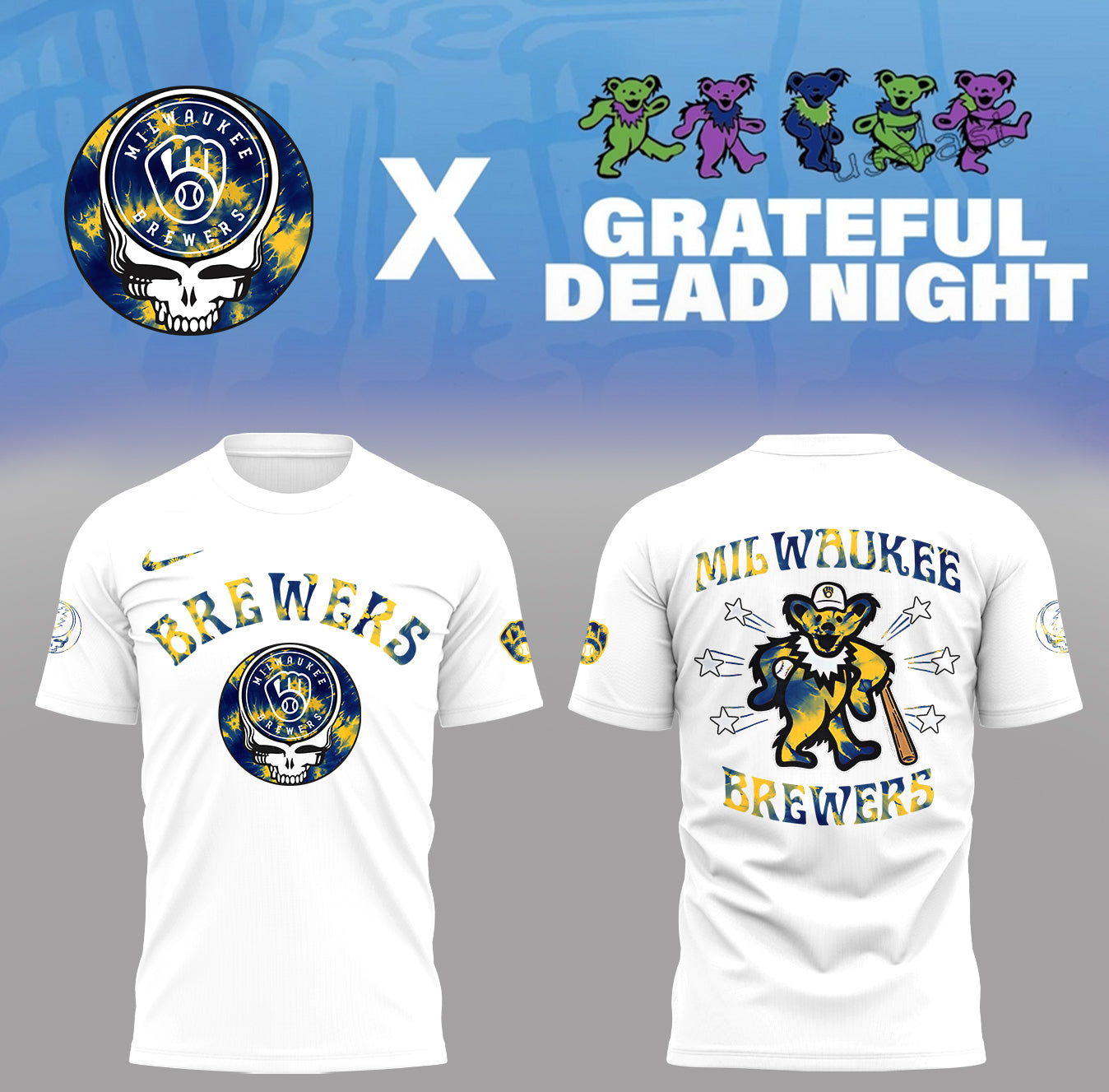 Limited Edition Brewers Baseball Grateful Dead Night White TShirt-PA070725017
