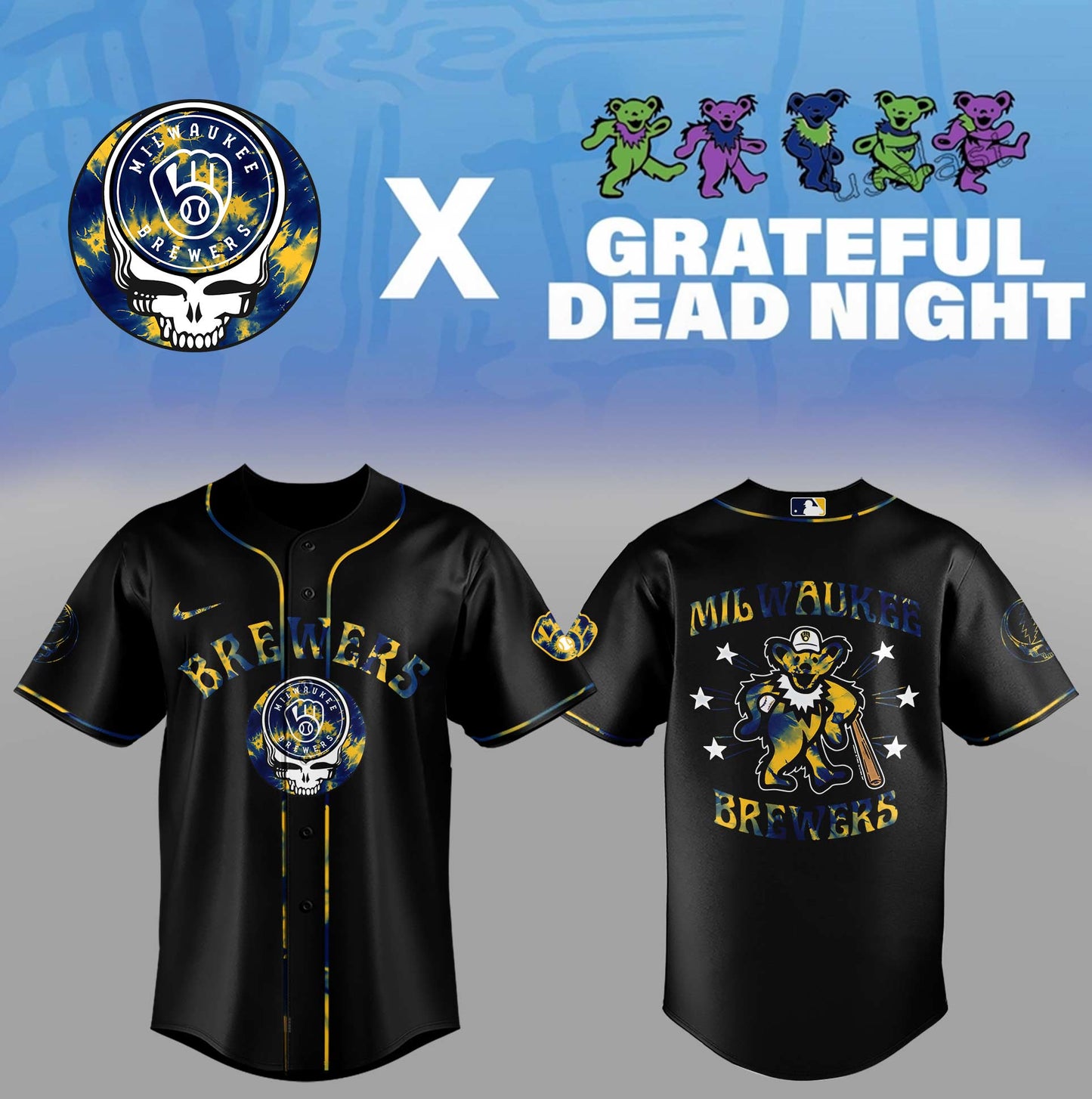 Limited Edition Brewers Baseball Grateful Dead Night Black Jersey-PA070725018