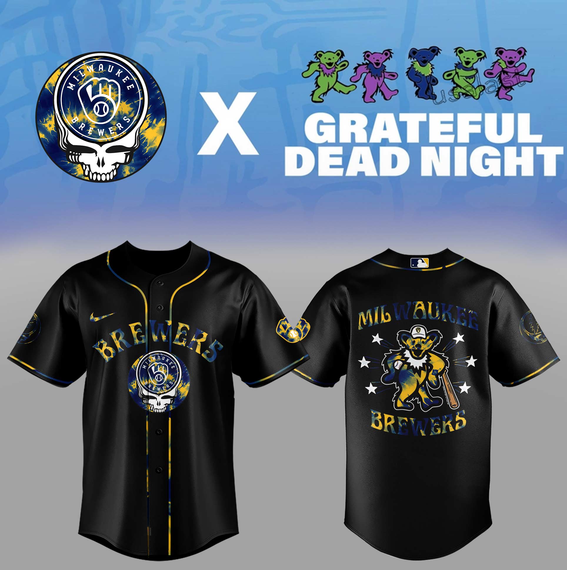 Limited Edition Brewers Baseball Grateful Dead Night Black Jersey-PA070725018