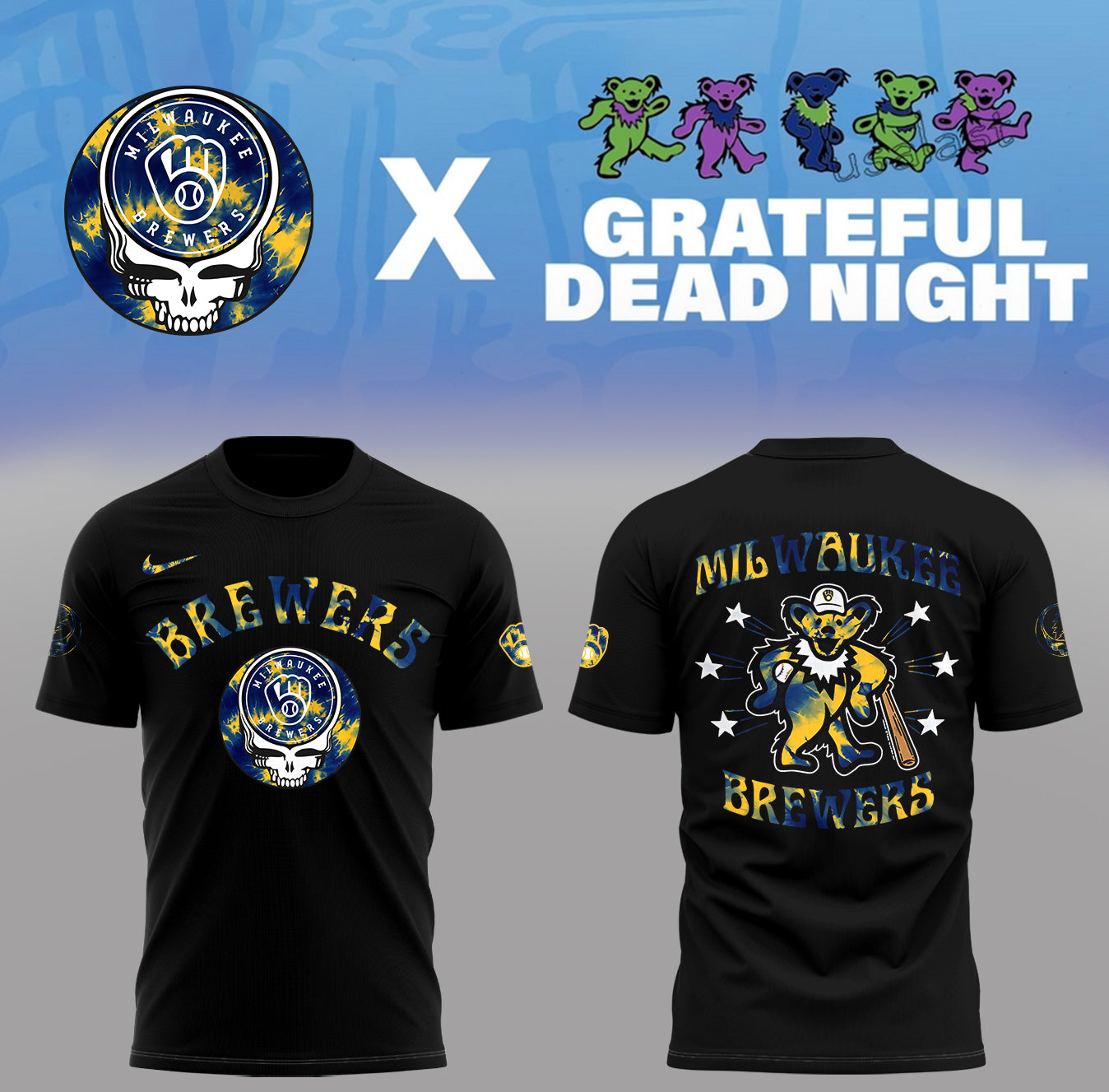 Limited Edition Brewers Baseball Grateful Dead Night Black TShirt-PA070725020