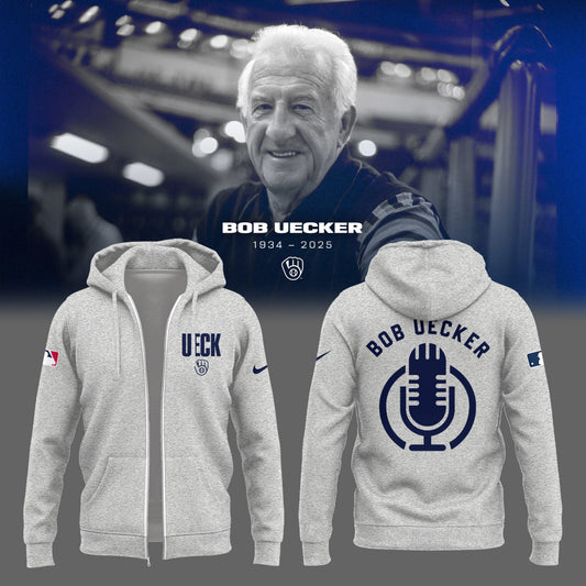 Honoring The Legend, Brewers Baseball Hall of Famer Bob Uecker Grey Zip Hoodie-PU011725021