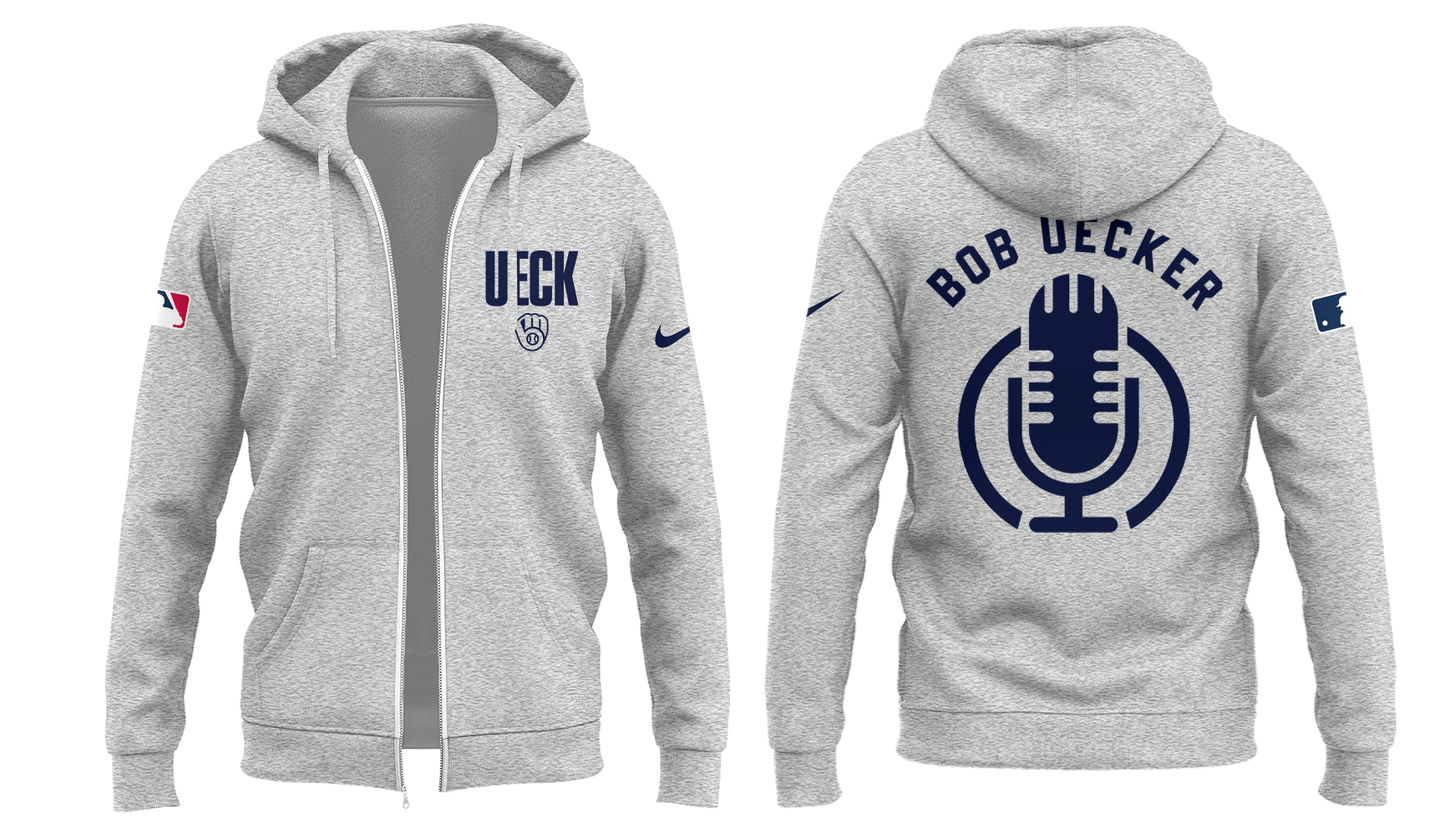 Honoring The Legend, Brewers Baseball Hall of Famer Bob Uecker Grey Zip Hoodie-PU011725021