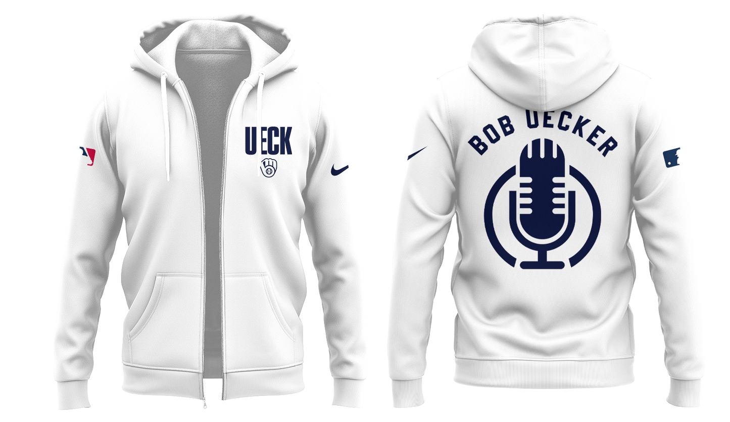Honoring The Legend, Brewers Baseball Hall of Famer Bob Uecker White Zip Hoodie-PU011725026
