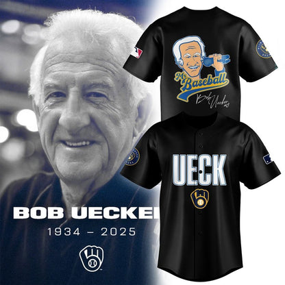 Honoring The Legend, Milwaukee Brewers Baseball Hall of Famer Bob Uecker Black Jersey-PU011725031