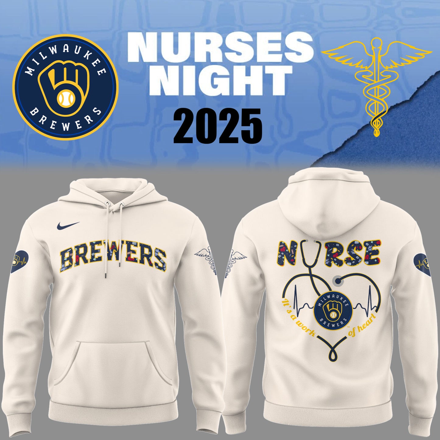 Limited Edition Brewers Baseball NURSES NIGHT White Hoodie-PU25042006