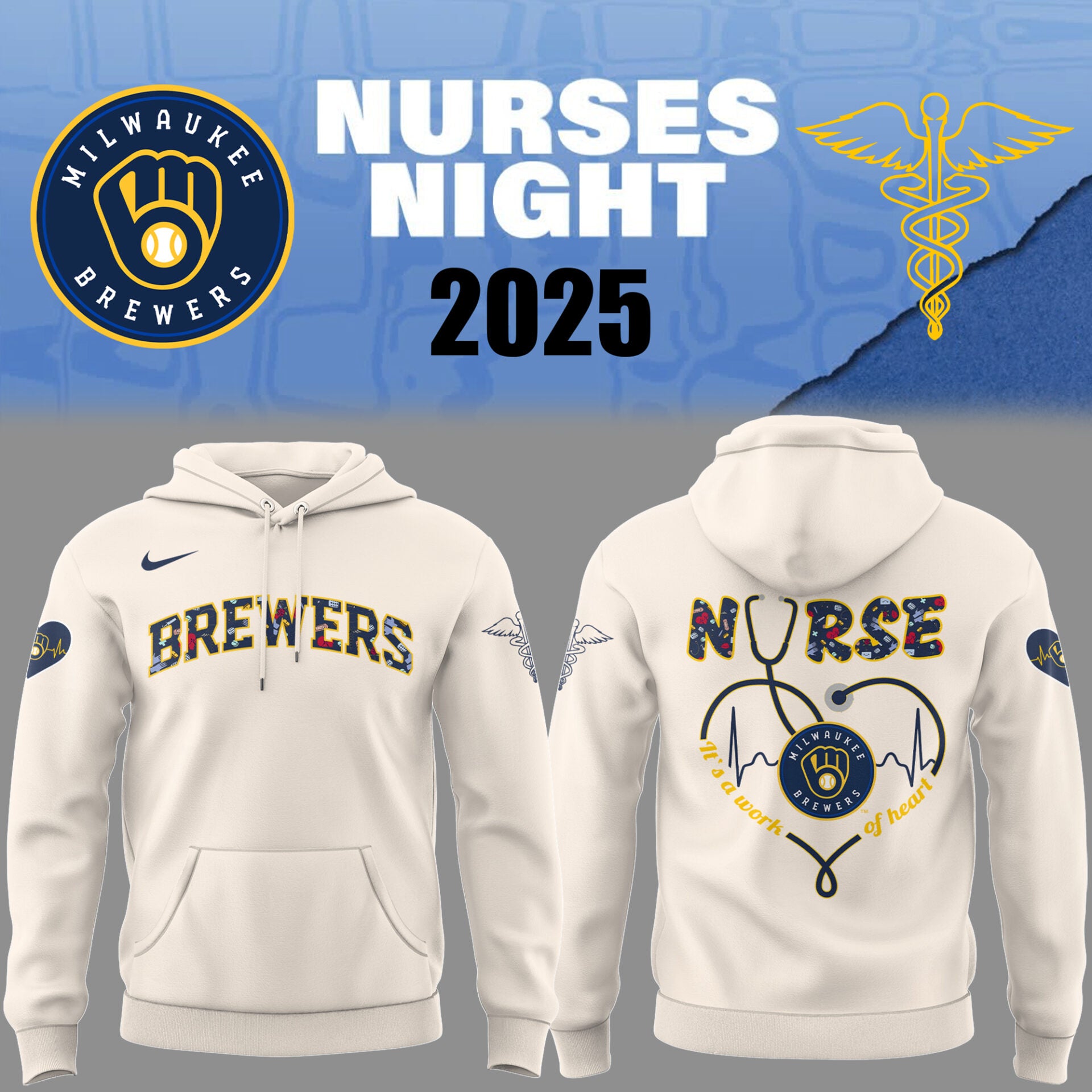 Limited Edition Brewers Baseball NURSES NIGHT White Hoodie-PU25042006