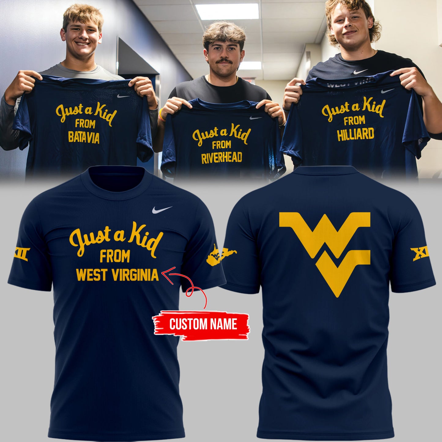 Limited Edition West Virginia FB “Just a kid from WVU’ Navy TShirt-PU25081809