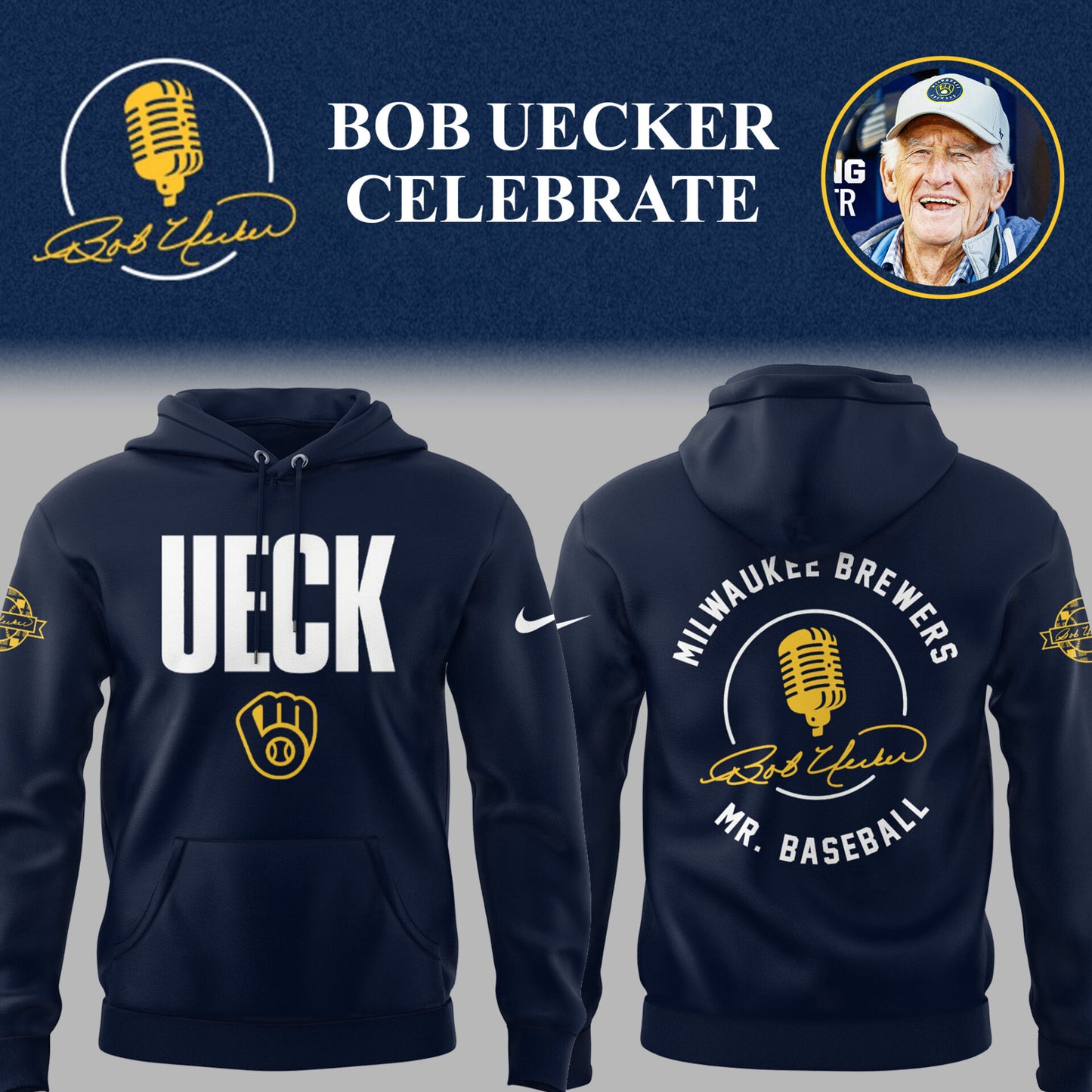 Limited Edition Brewers Baseball Honoring Mr. Baseball Bob Uecker Hoodie-PU25082423