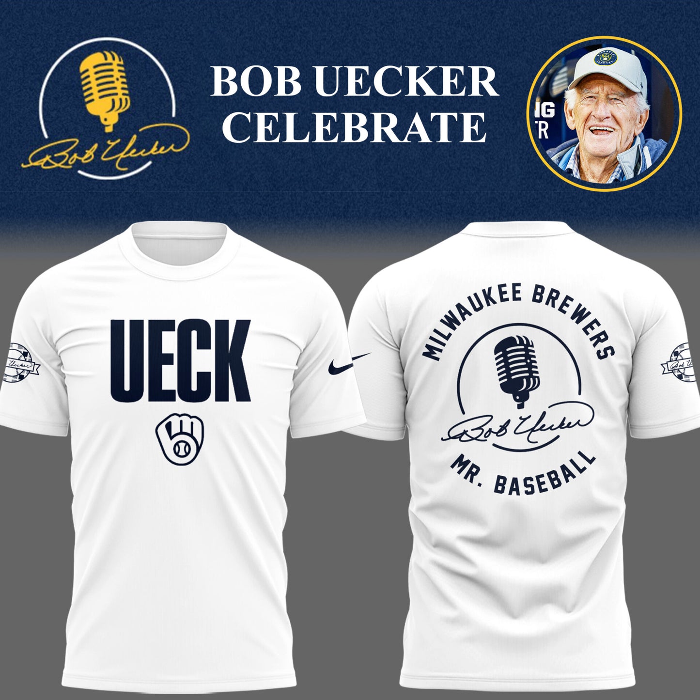 Limited Edition Brewers Baseball Honoring Mr. Baseball Bob Uecker Wh TShirt-PU25082424