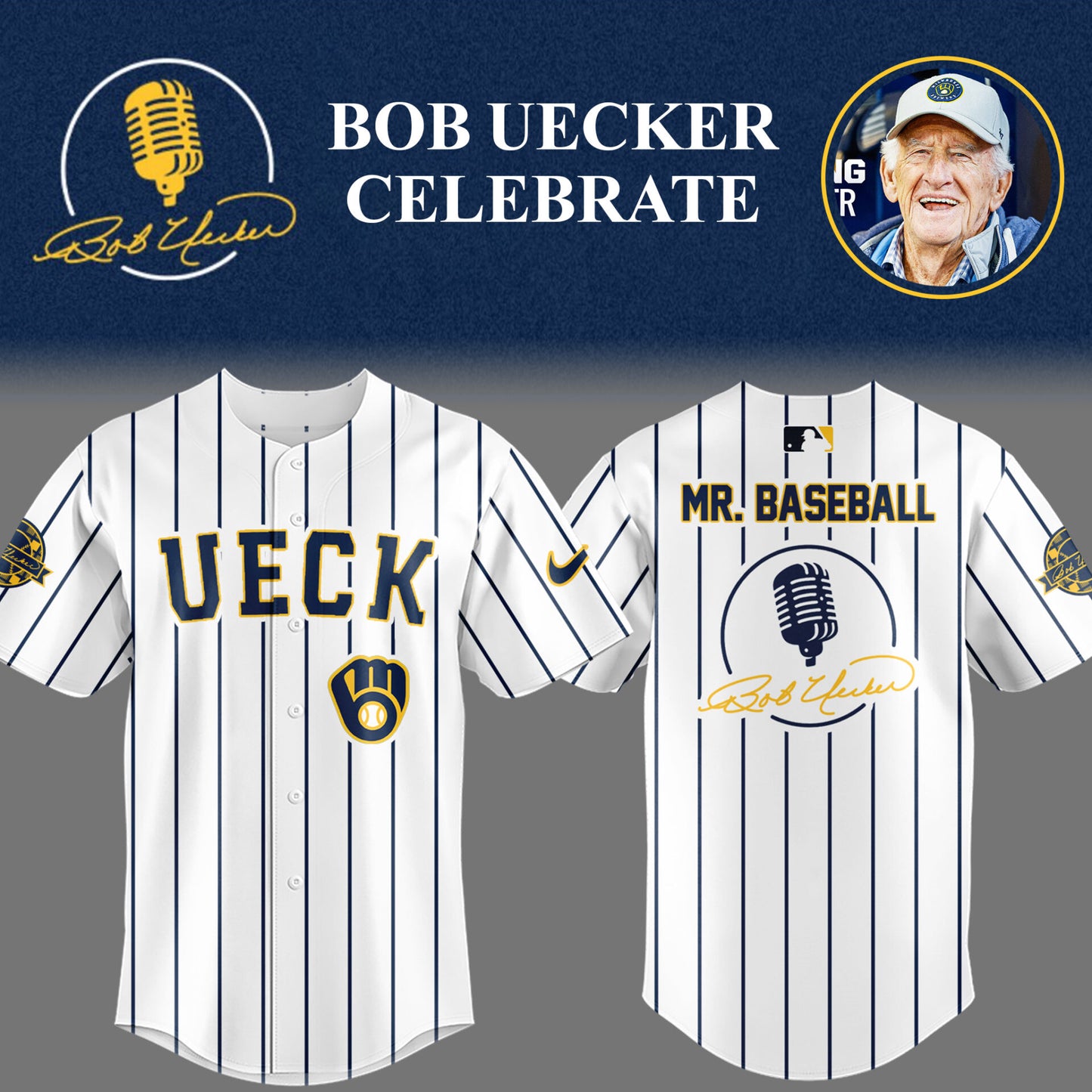 Limited Edition Brewers Baseball Honoring Mr. Baseball Bob Uecker Wh Jersey-PU25082436