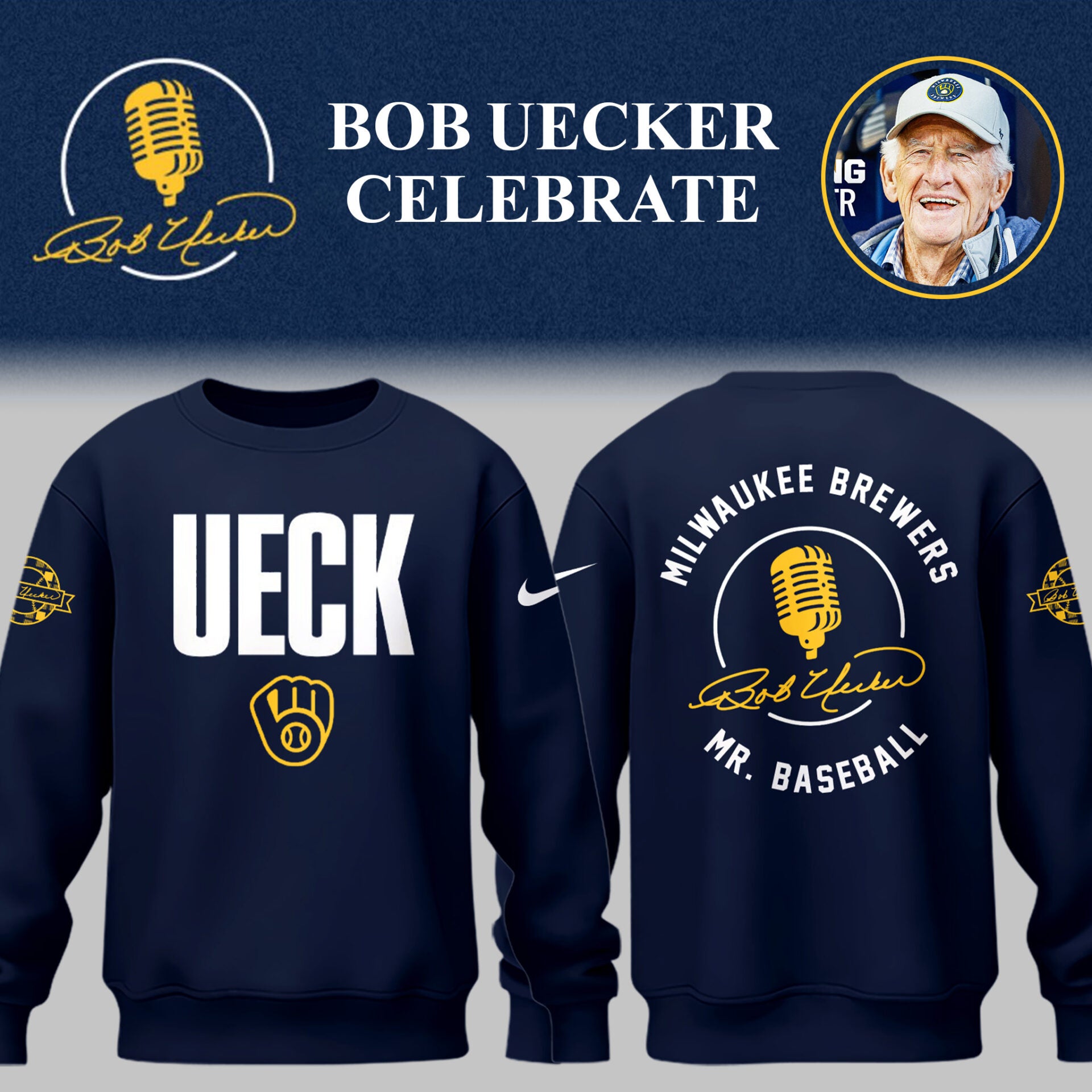 Limited Edition Brewers Baseball Honoring Mr. Baseball Bob Uecker Sweatshirt-PU25082534