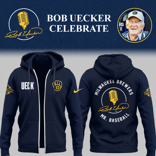 Limited Edition Brewers Baseball Honoring Mr. Baseball Bob Uecker Zip Hoodie-PU25082535