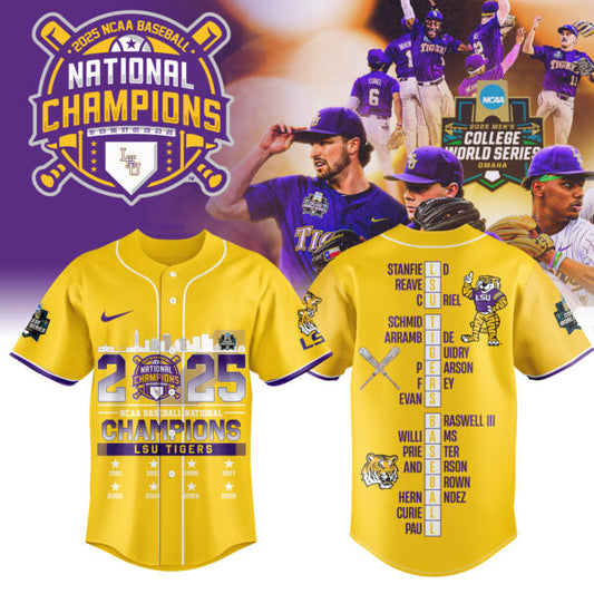 1. LSU NCAA Men’s College Baseball World Series 2025 Champions Jersey Limited Editions Yellow