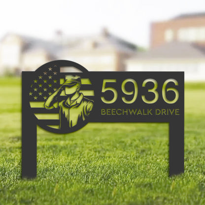 Personalized US Army Salute American Soldier US flag Metal Address Sign House number Hanging Address Plaque Yard Sign Outdoor Garden Stake