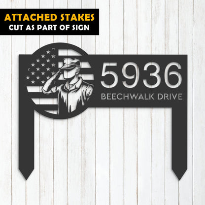 Personalized US Army Salute American Soldier US flag Metal Address Sign House number Hanging Address Plaque Yard Sign Outdoor Garden Stake