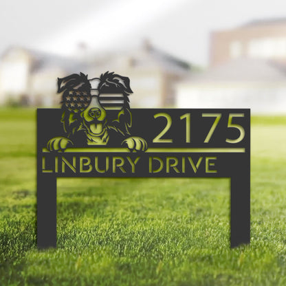 Personalized Border Collie dog US flag glasses Metal Address Sign House number Hanging Address Plaque Yard Sign Outdoor decor Garden Stake