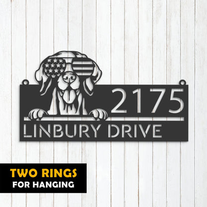 Personalized Vizsla dog US flag glasses Metal Address Sign House number Hanging Address Plaque Yard Sign Outdoor decor Garden Stake