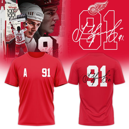 Detroit Red Wings 91 Sergei Fedorov Tshirt-Red