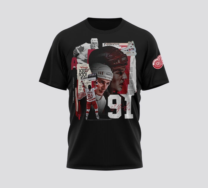 Detroit Red Wings 91 Sergei Fedorov Tshirt-Black
