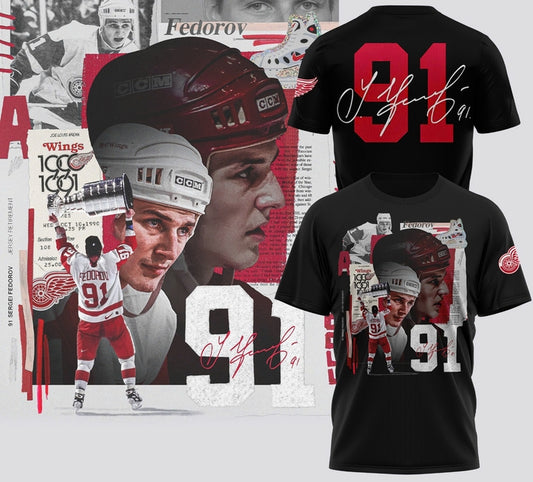 Detroit Red Wings 91 Sergei Fedorov Tshirt-Black