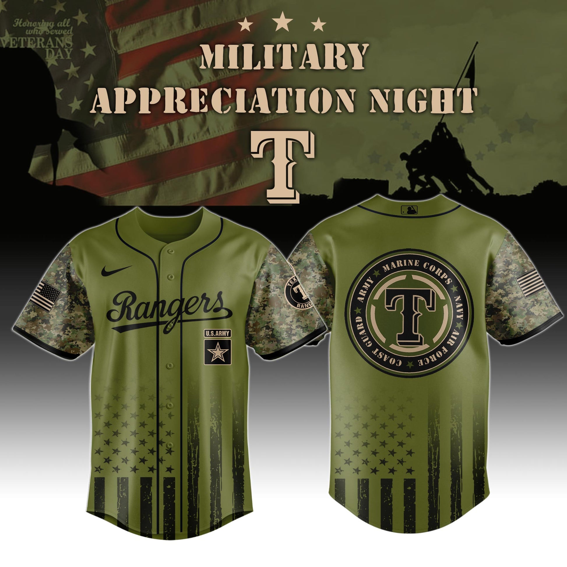 _Texas Rangers MLB x Military Appreciation Night (Army, Navy, USAF, USMC, USCG) Jersey Editions Limited 2025 V2